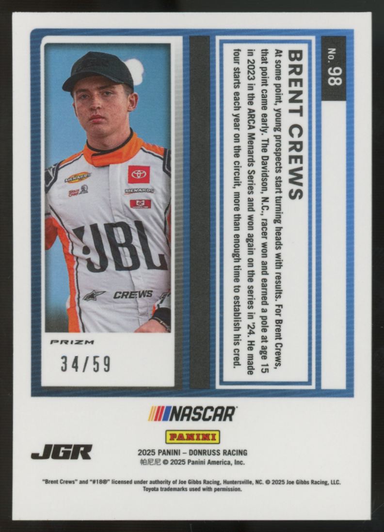 2025 Donruss Optic NASCAR Brent Crews RC Purple Velocity Rated Rookie /59 #98