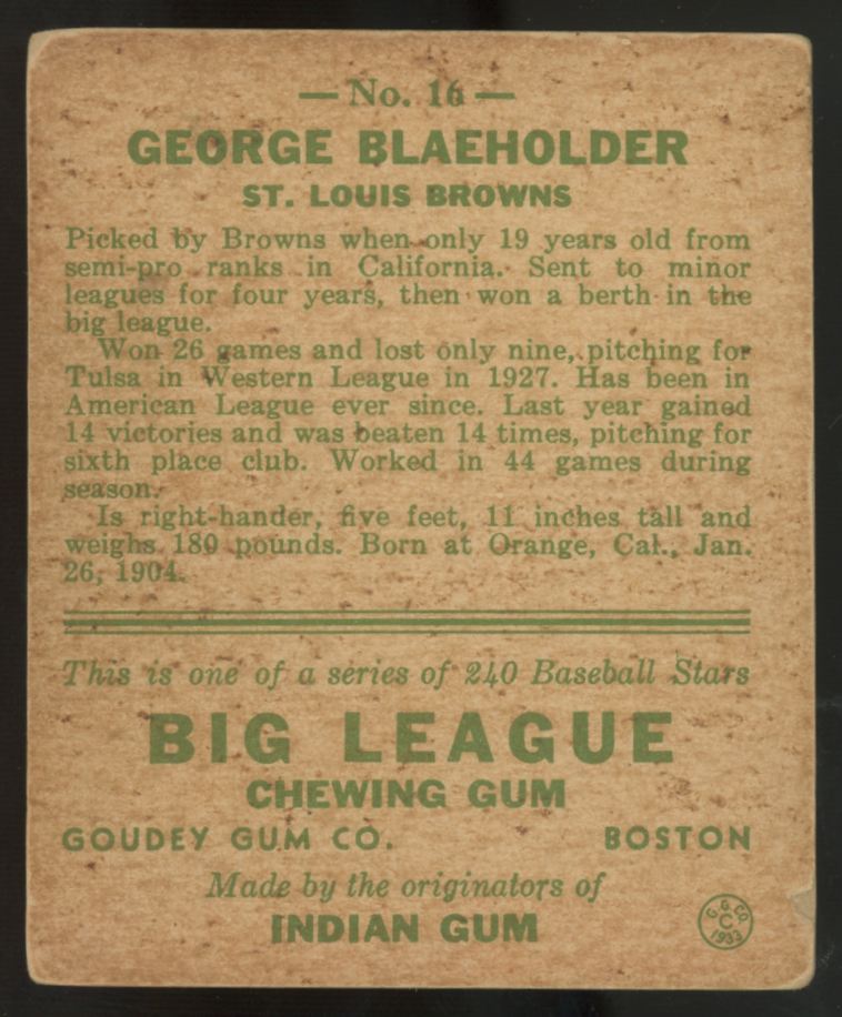 1933 Goudey George Blaeholder #16 Good