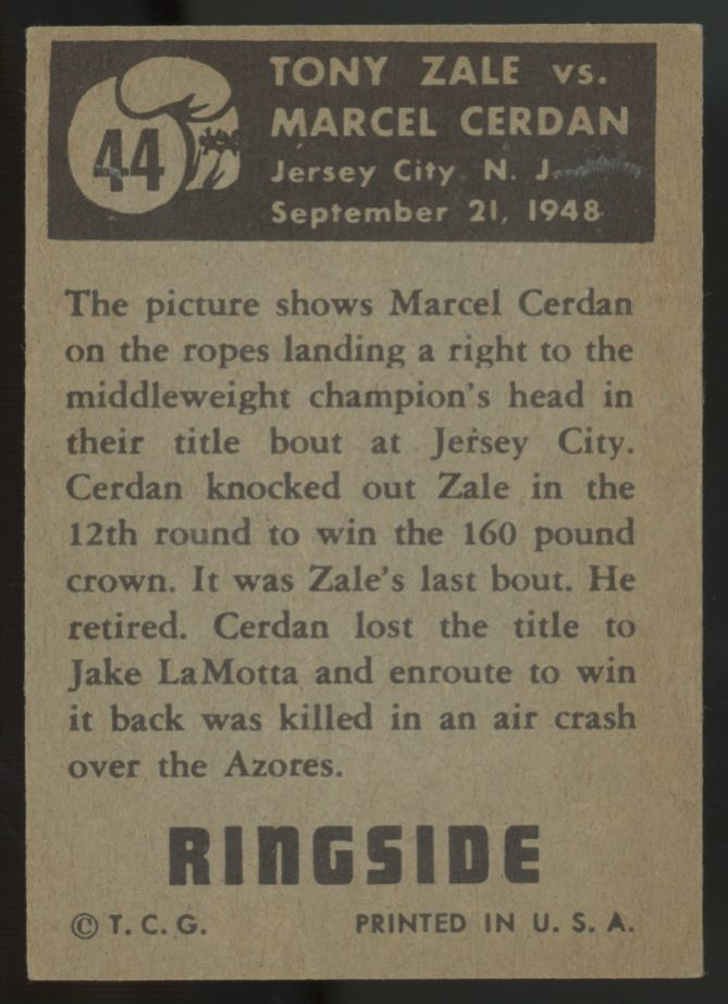 1951 Topps Ringside Tony Zale Vs. Marcel Cerdan #44 VG/EX-EX