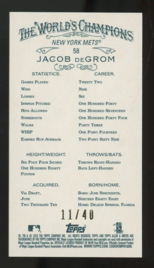 2015 Allen & Ginter Jacob DeGrom Red Mini /40 #58