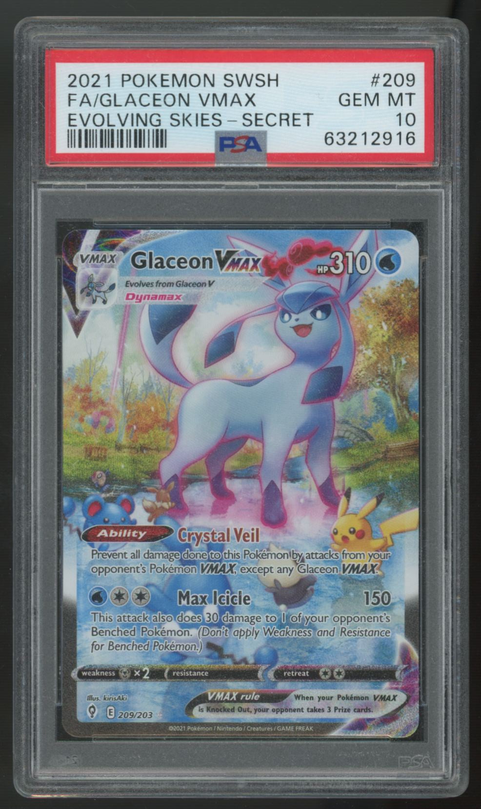 2021 Pokemon Glaceon VMax Evolving Skies Full Art #209 PSA 10