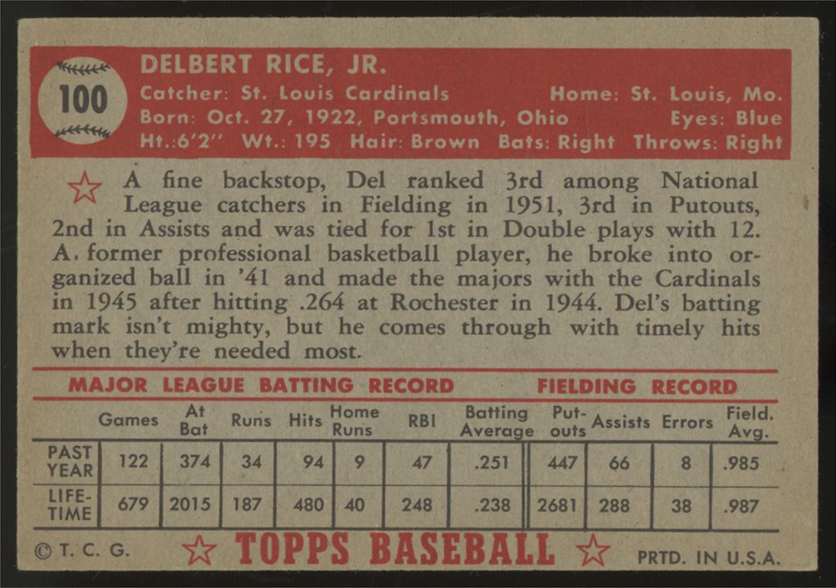 1952 Topps Del Rice #100 EX "A"