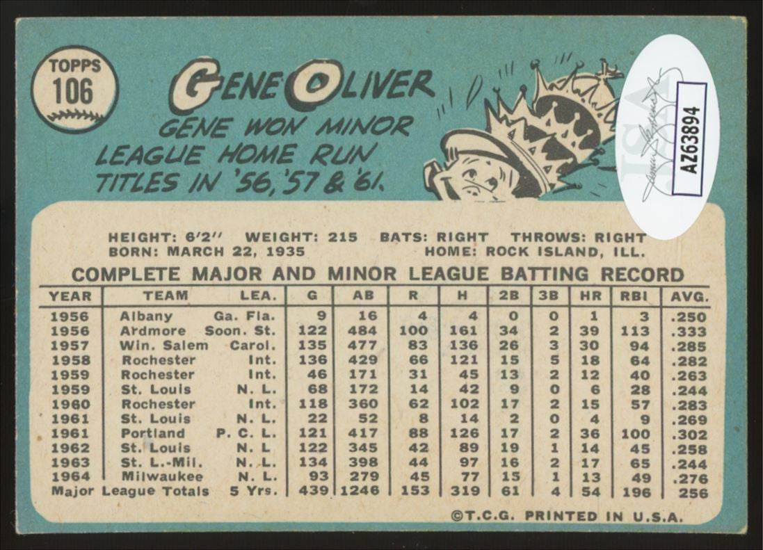 1965 Topps Gene Oliver #106 Signed Auto JSA