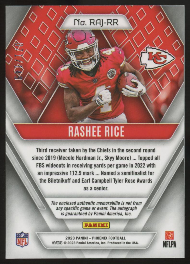 2023 Panini Phoenix Rashee Rice RC Orange Patch Auto RPA /149 #RAJ-RR