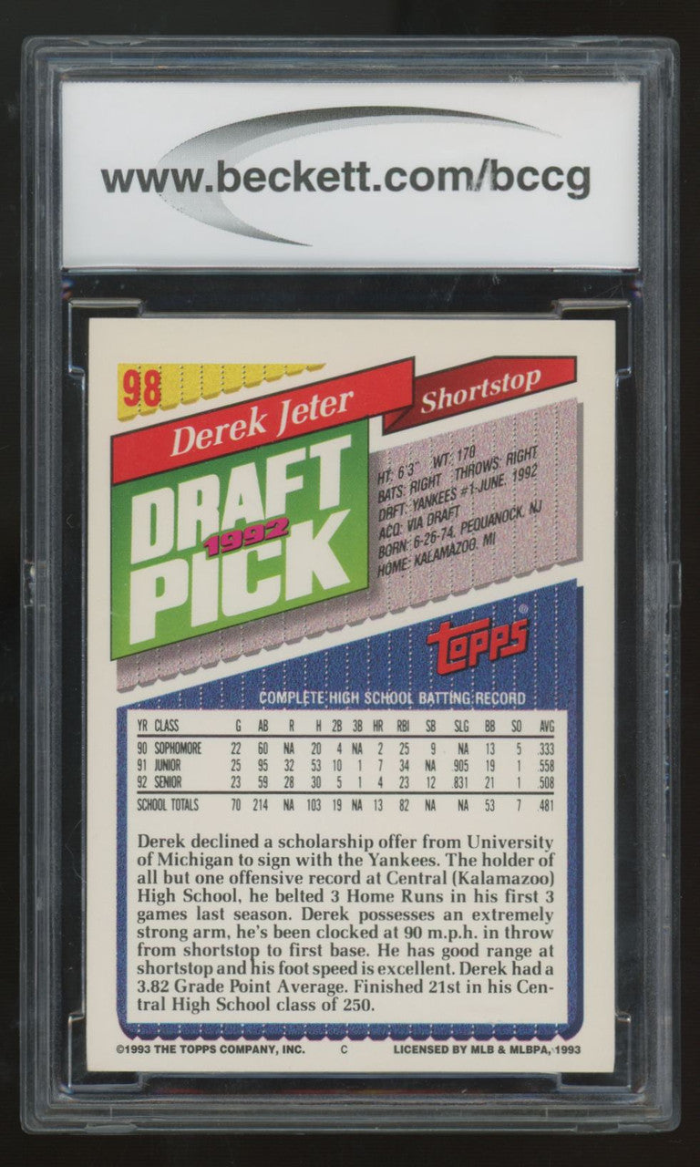 1993 Topps Derek Jeter RC Draft Pick #98 BCCG 9