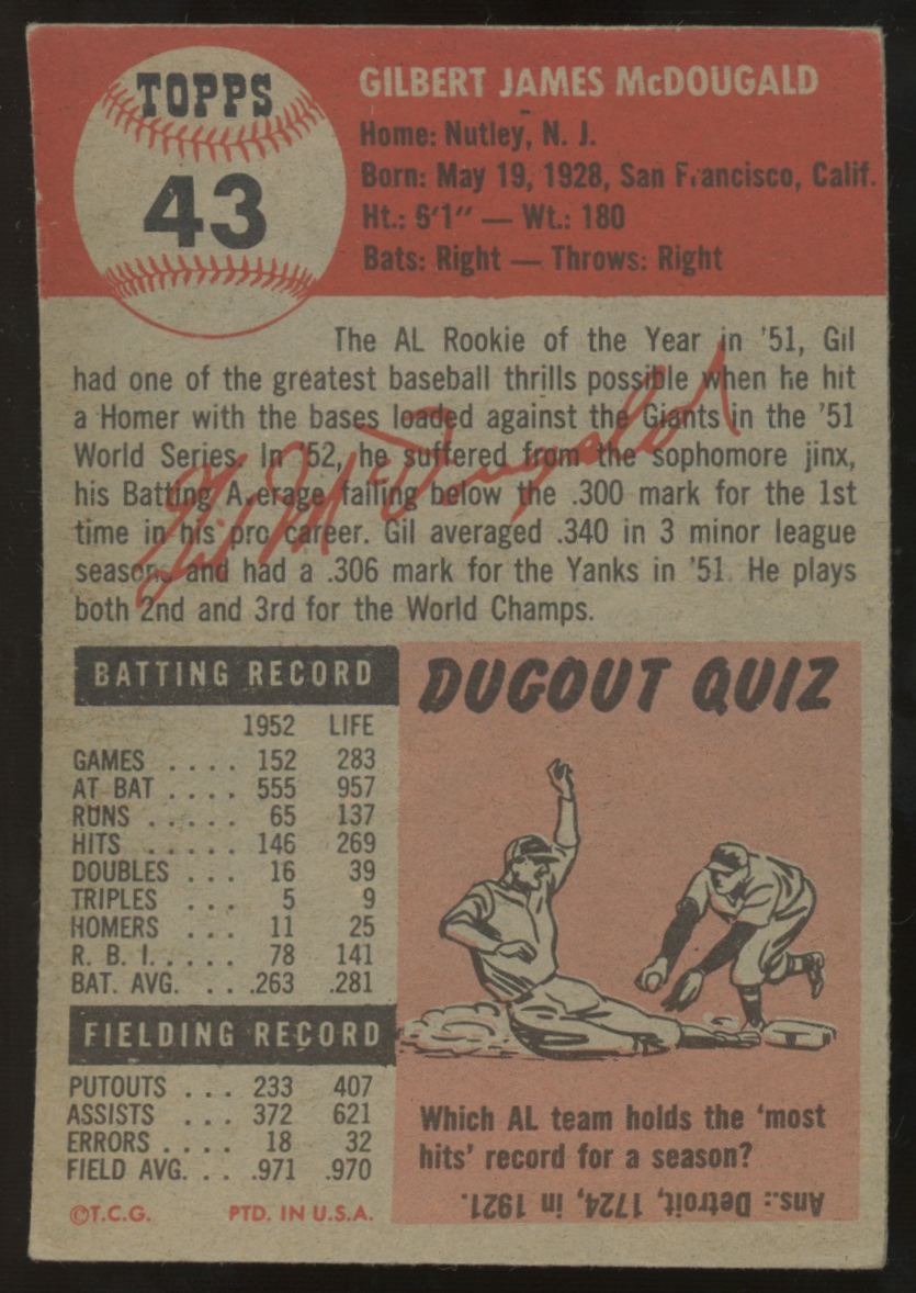 1953 Topps Gil McDougald #43 VG/EX "A"