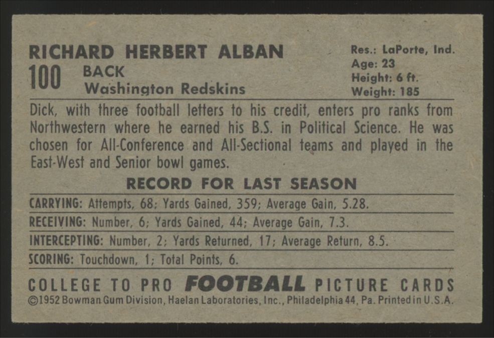 1952 Bowman Small Dick Alban #100 EX/MT-NM