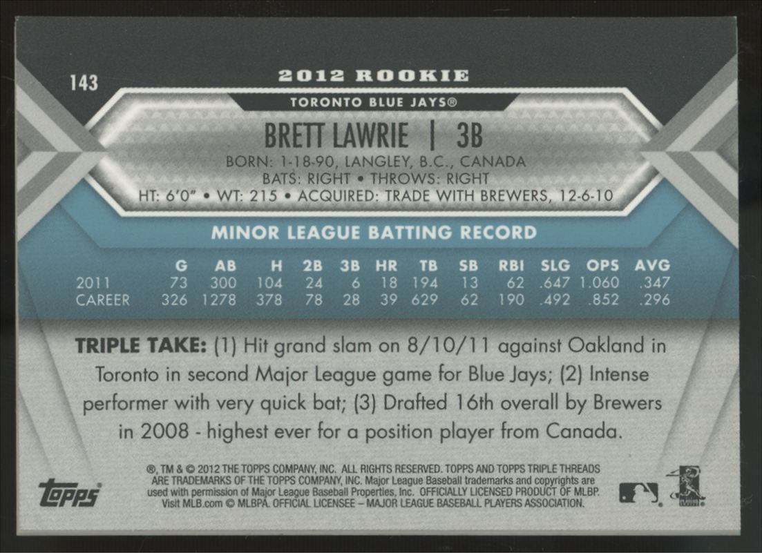 2012 Topps Triple Threads Brett Lawrie RC Patch Auto /10 #143