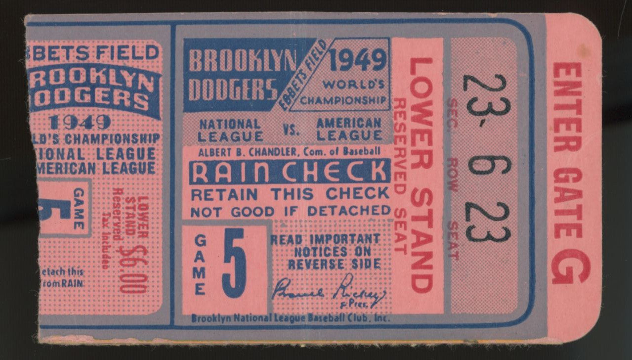 1949 Brooklyn Dodgers World Series Game 5 Ticket Stub Low Grade