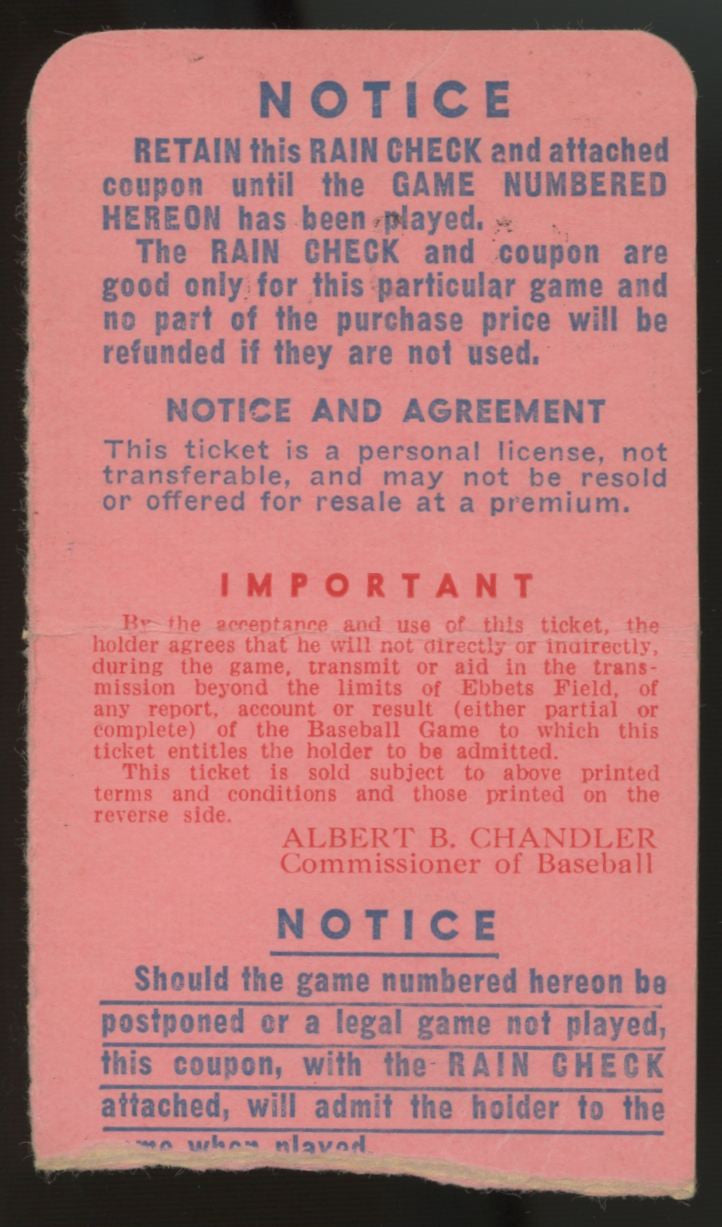 1949 Brooklyn Dodgers World Series Game 5 Ticket Stub Low Grade