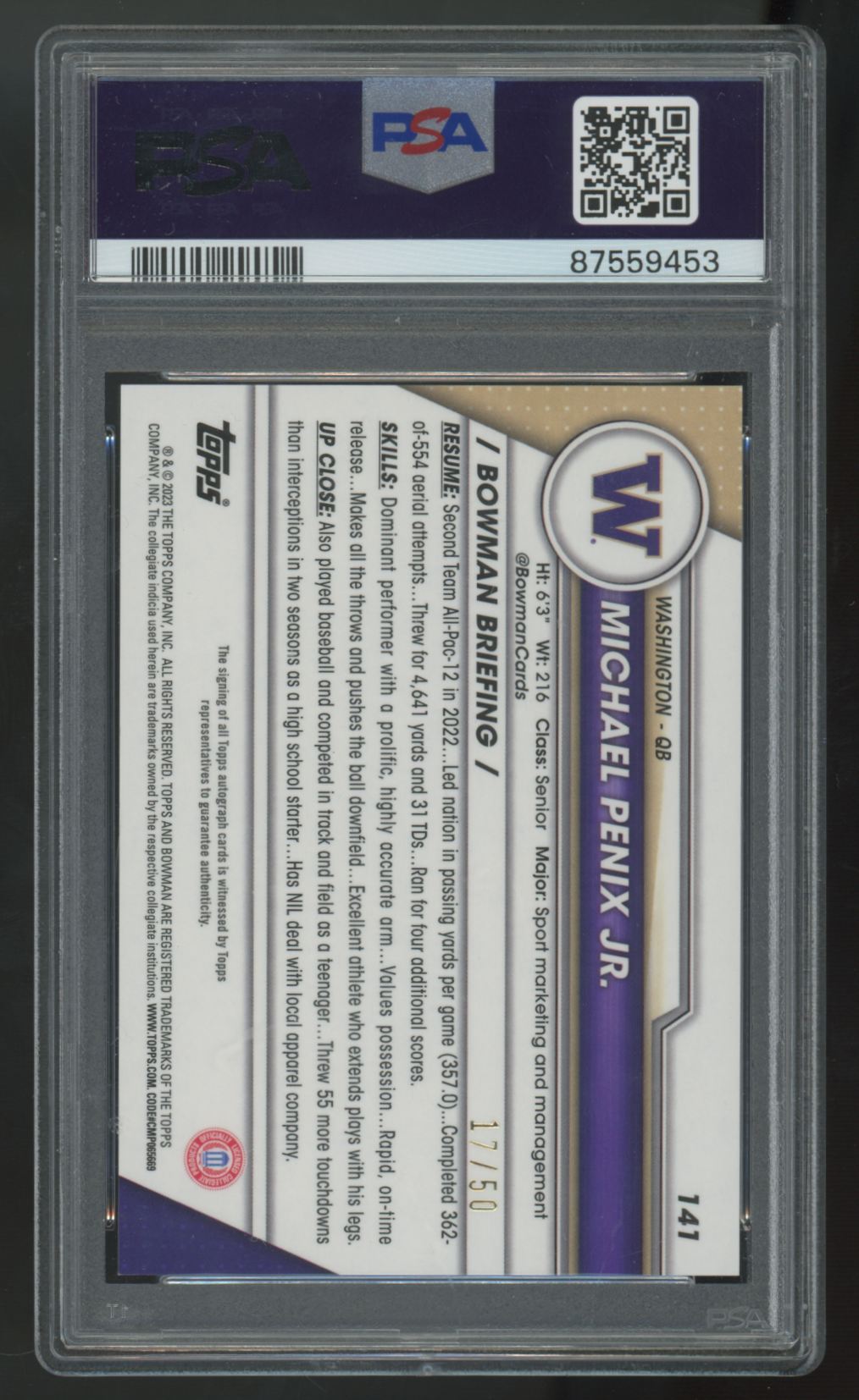 2023 Bowman Chrome U Michael Penix Jr. Gold Lava Auto /50 #141 PSA 10 10