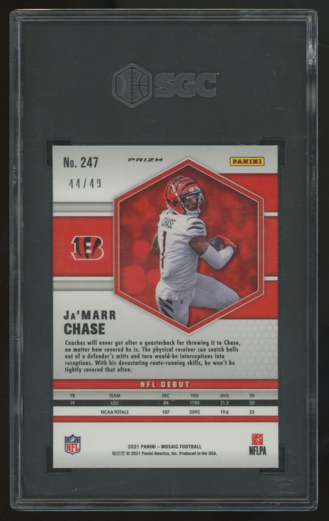 2021 Panini Mosaic Ja'Marr Chase RC NFL Debut Purple Prizm /49 #247 SGC 10