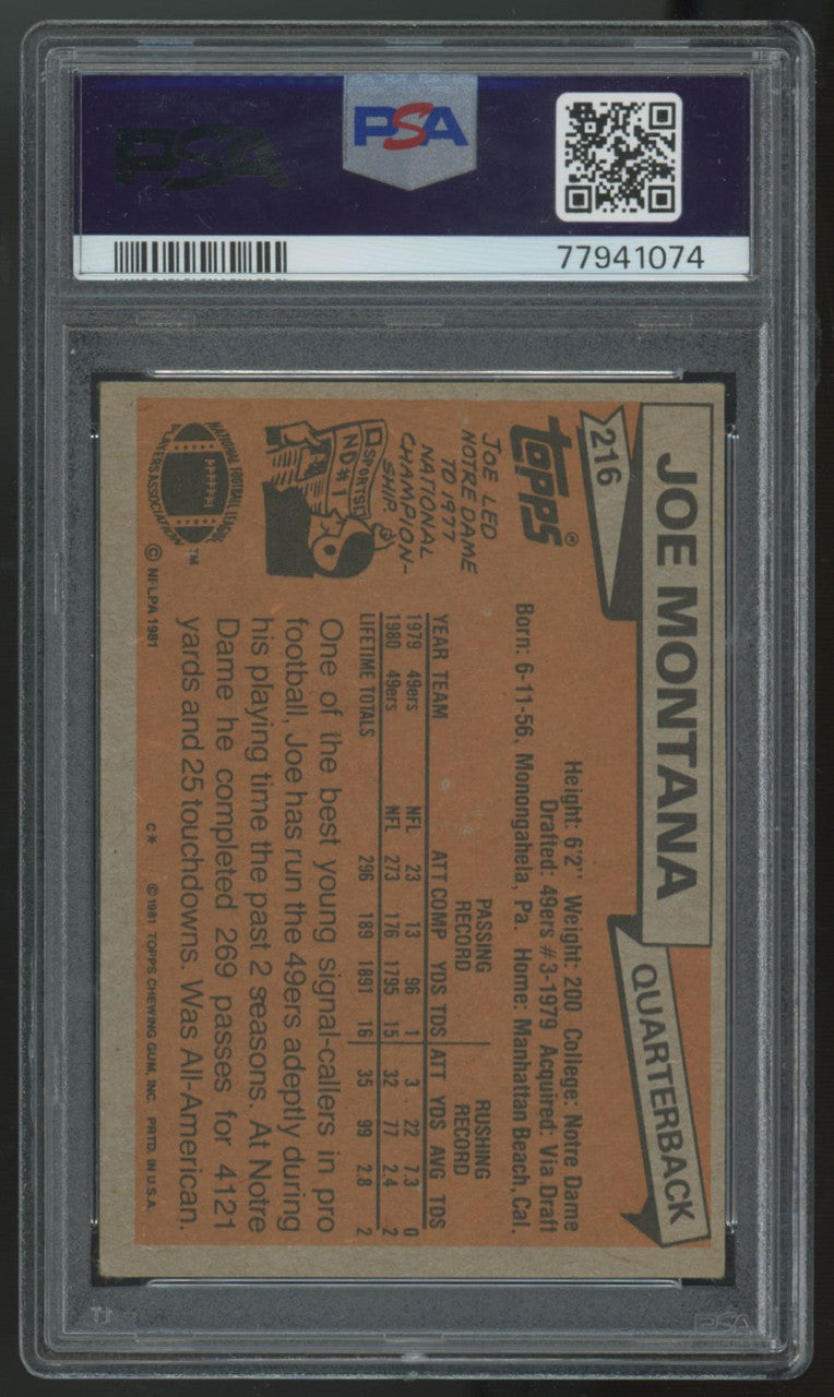 1981 Topps Joe Montana RC Signed Auto #216 PSA Authentic 10 *074