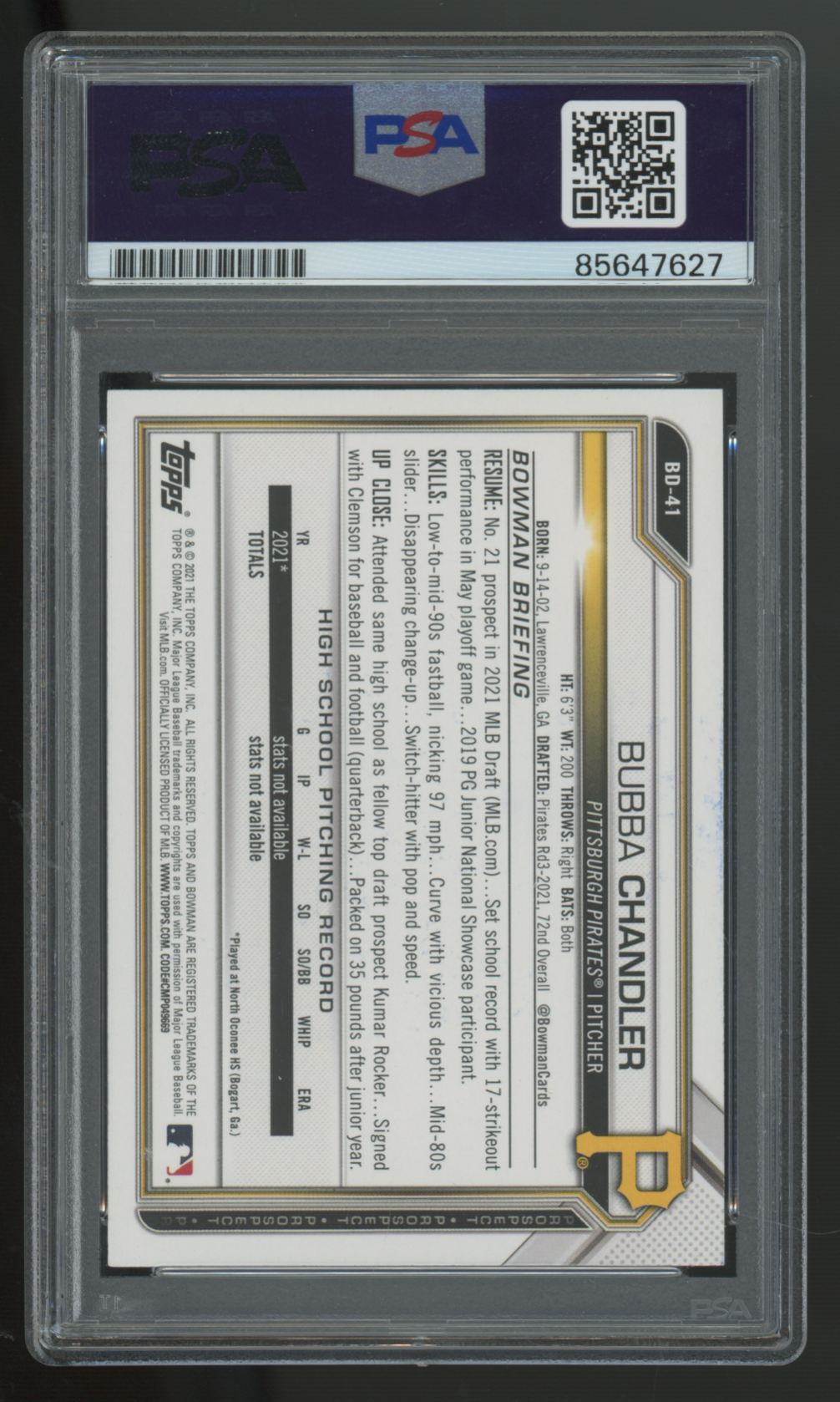 2021 Bowman Bubba Chandler 1st Signed Auto #BD-41 PSA Authentic Auto