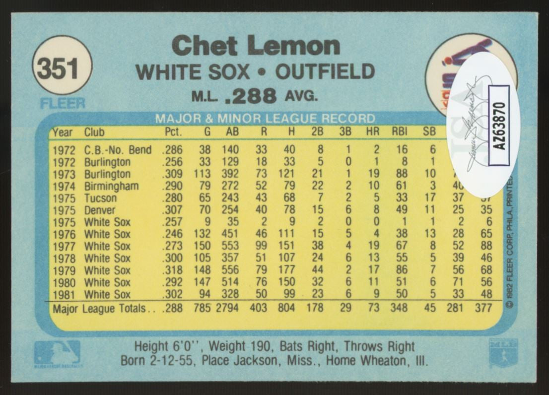 1982 Fleer Chet Lemon #351 Signed Auto JSA