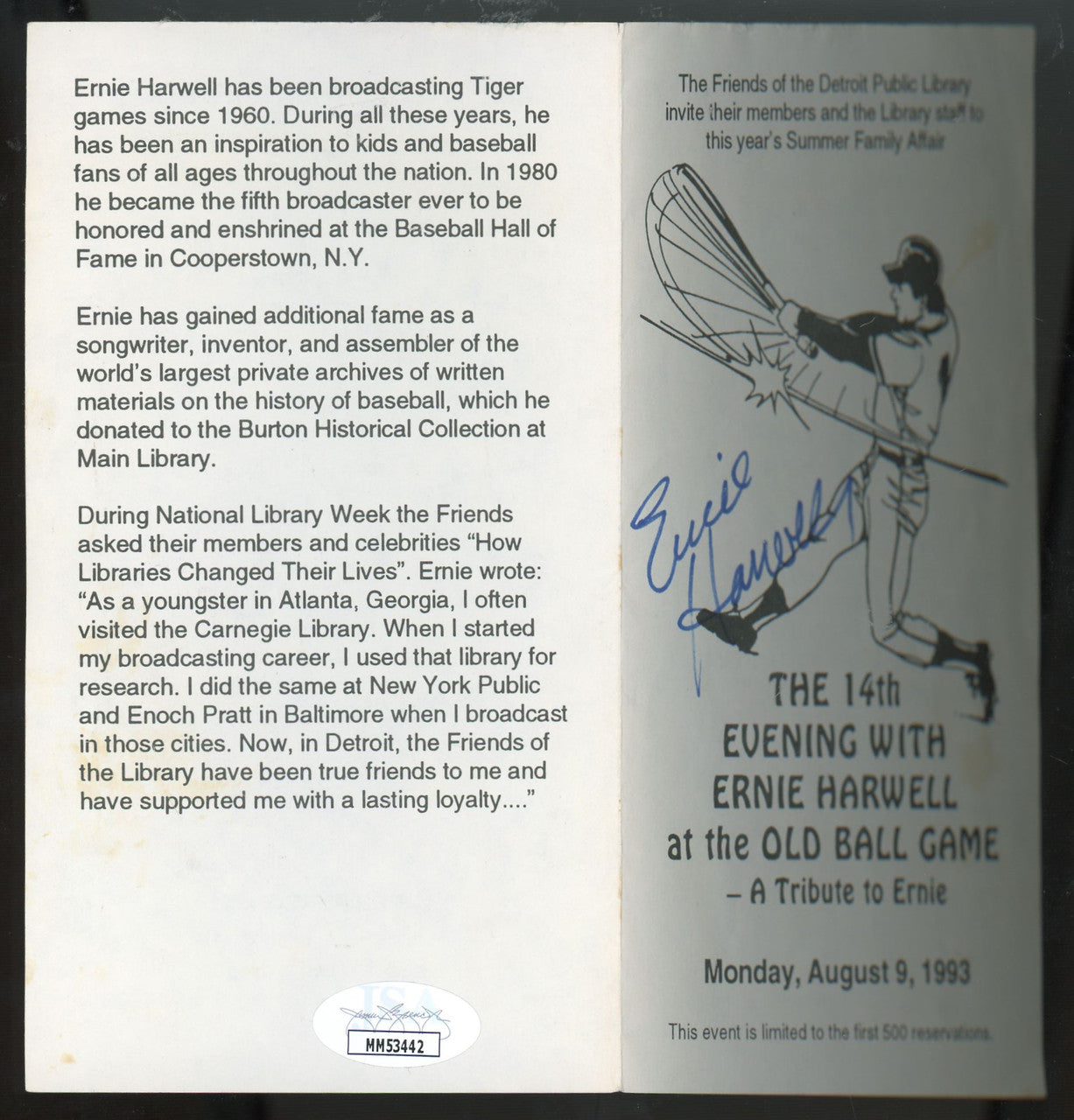 Ernie Harwell Signed Autographed Public Library Program JSA