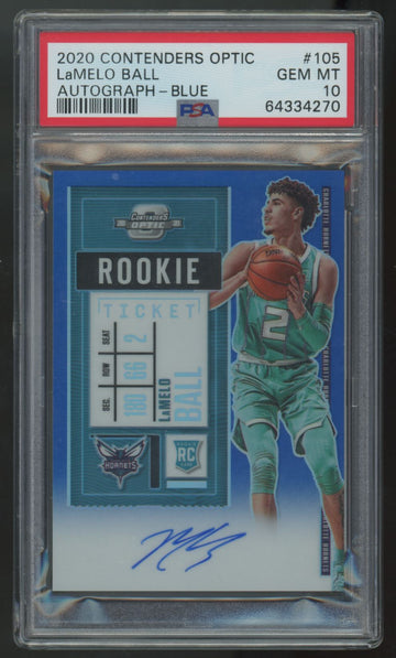 2020-21 Contenders Optic LaMelo Ball RC Blue Rookie Ticket Auto /49 #105 PSA 10