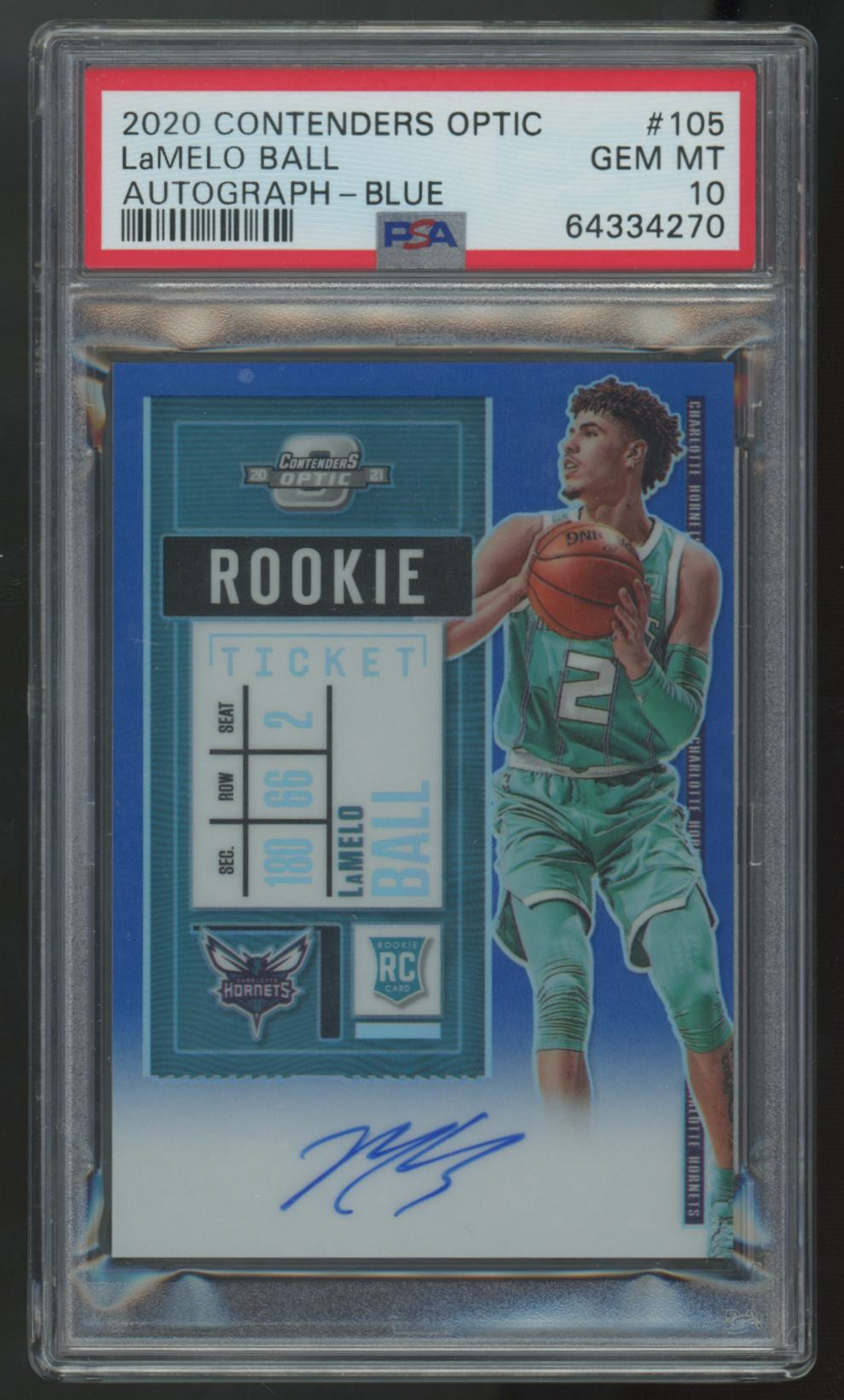 2020-21 Contenders Optic LaMelo Ball RC Blue Rookie Ticket Auto /49 #105 PSA 10