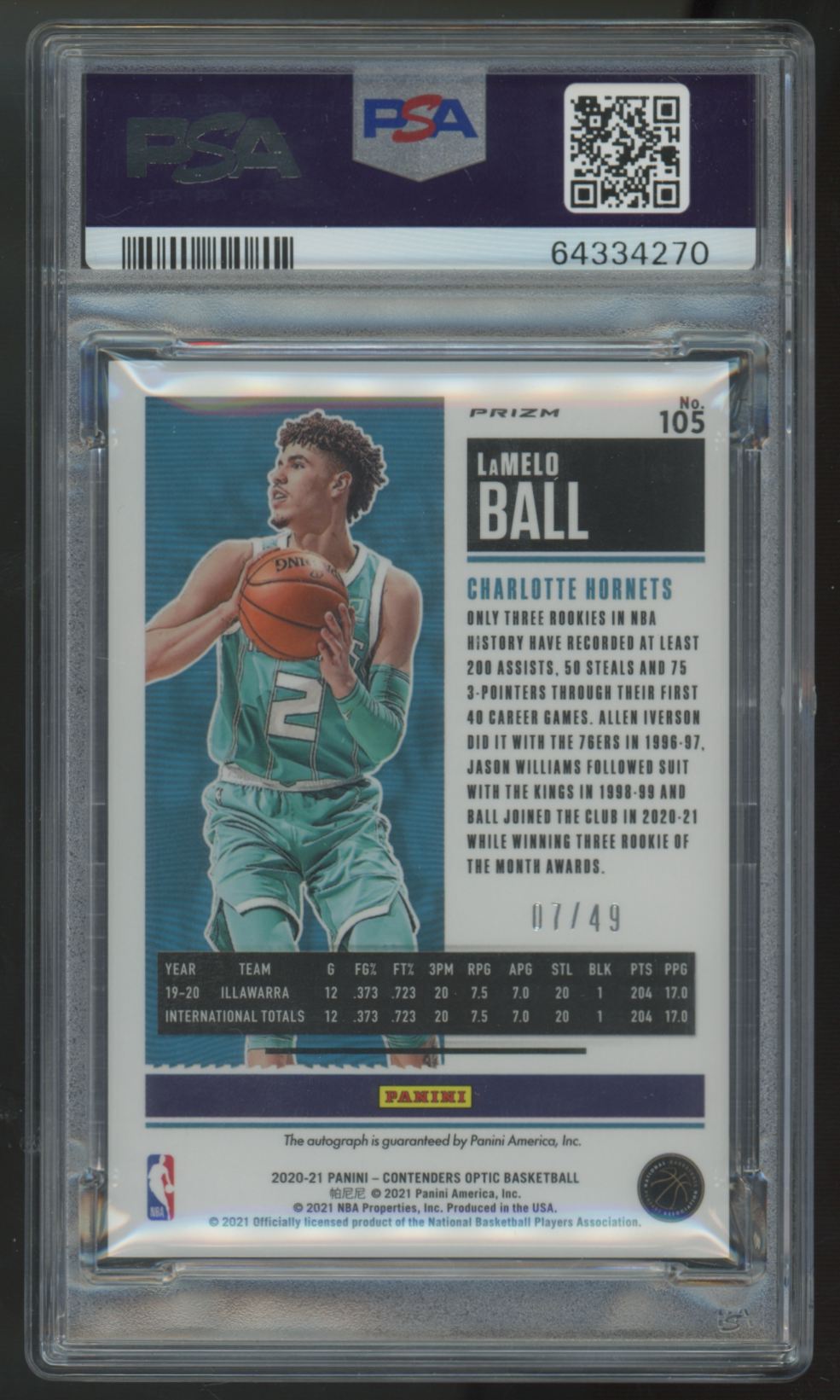 2020-21 Contenders Optic LaMelo Ball RC Blue Rookie Ticket Auto /49 #105 PSA 10