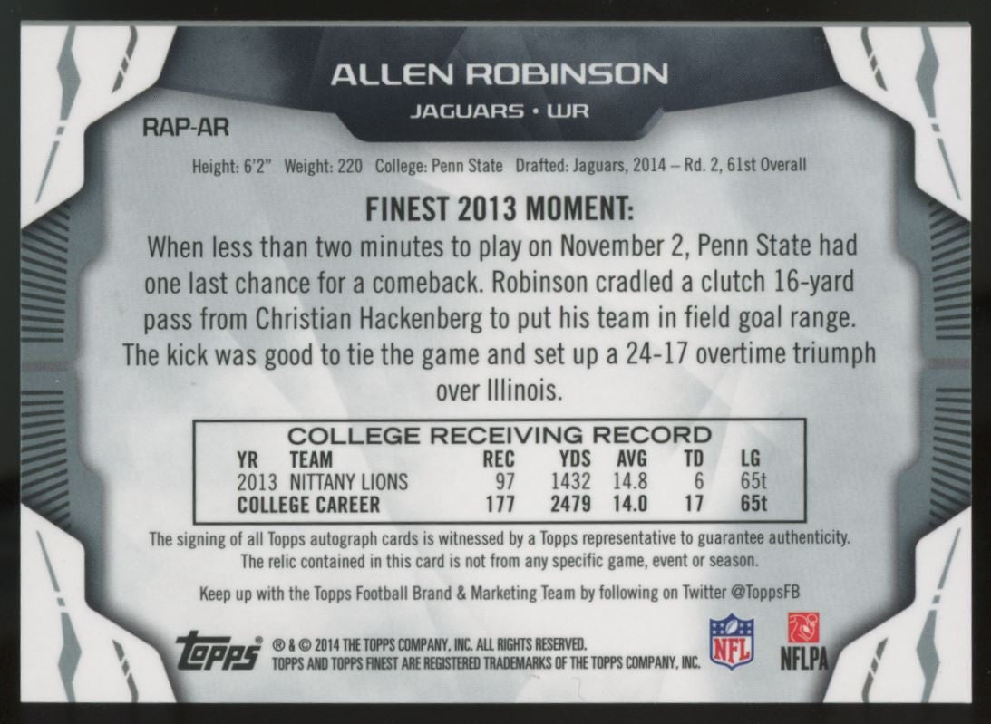 2014 Topps Finest Allen Robinson RC Patch Auto RPA #RAP-AR
