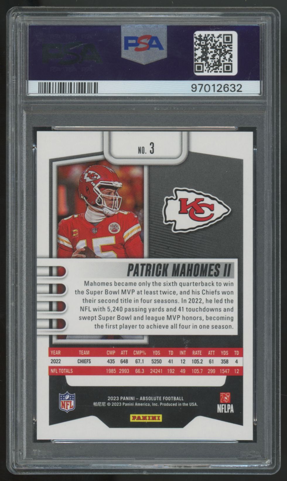 2023 Panini Absolute Patrick Mahomes II Red Squares /499 #3 PSA 9