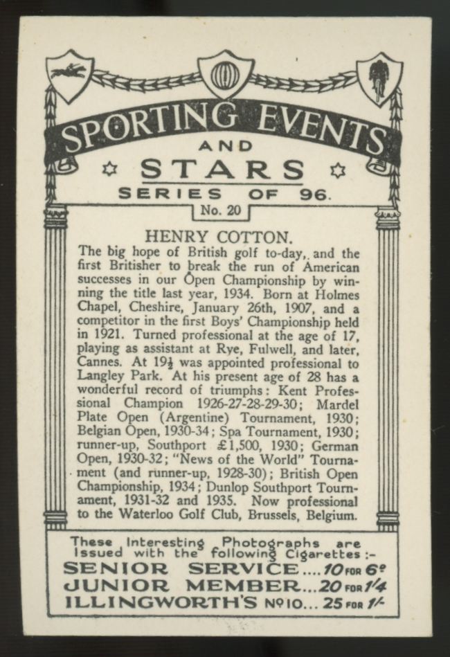 1935 J.A. Pattreiouex Henry Cotton Sporting Events And Stars #20 NM