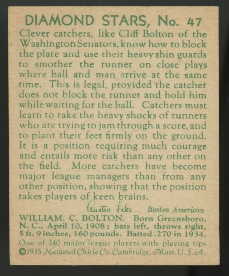1935 National Chicle Cliff Bolton Diamond Stars #47 EX/MT