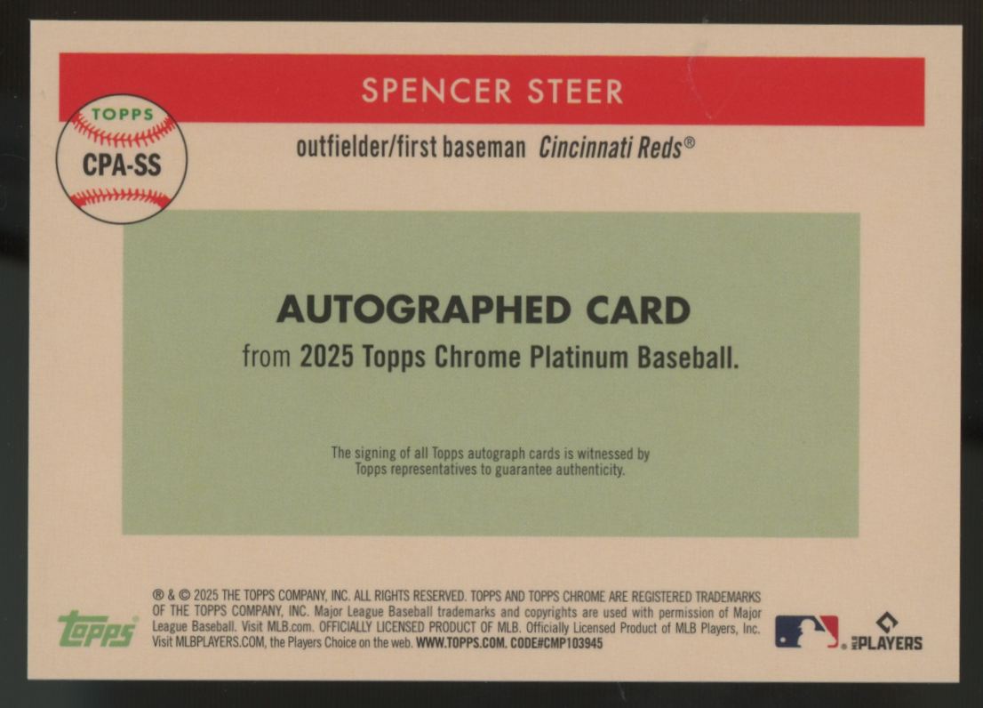 2025 Topps Chrome Platinum Anniversary Spencer Steer Aqua Refractor Auto /150