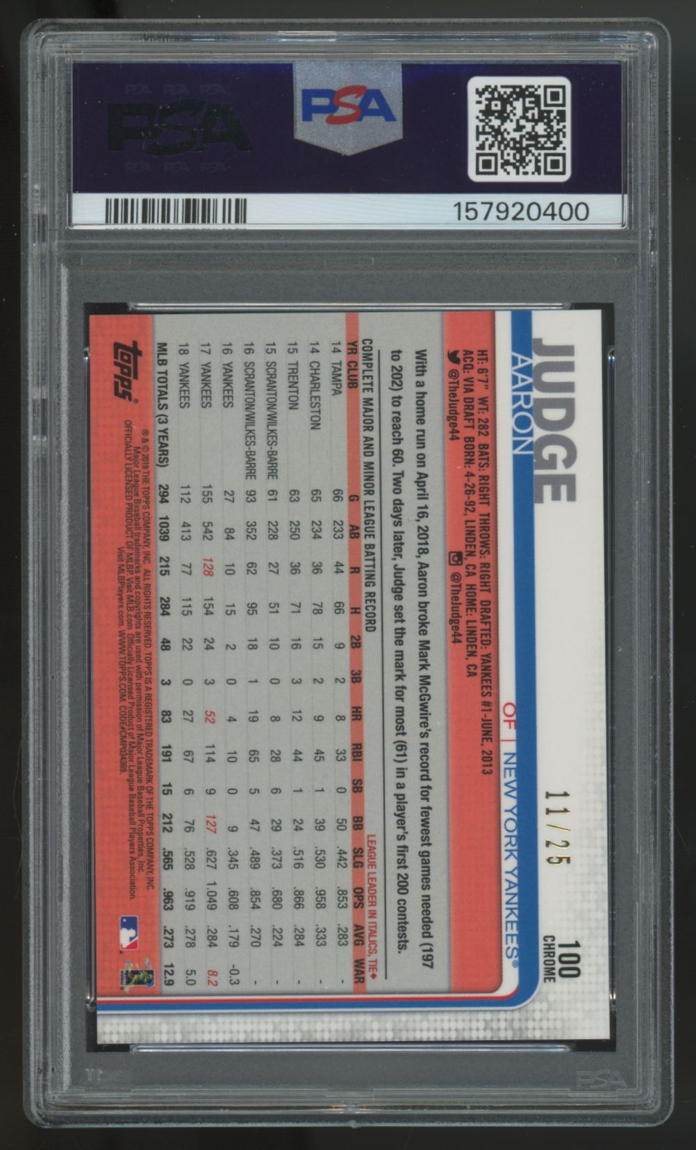 2019 Topps Chrome Aaron Judge Orange Refractor /25 #100 PSA 10
