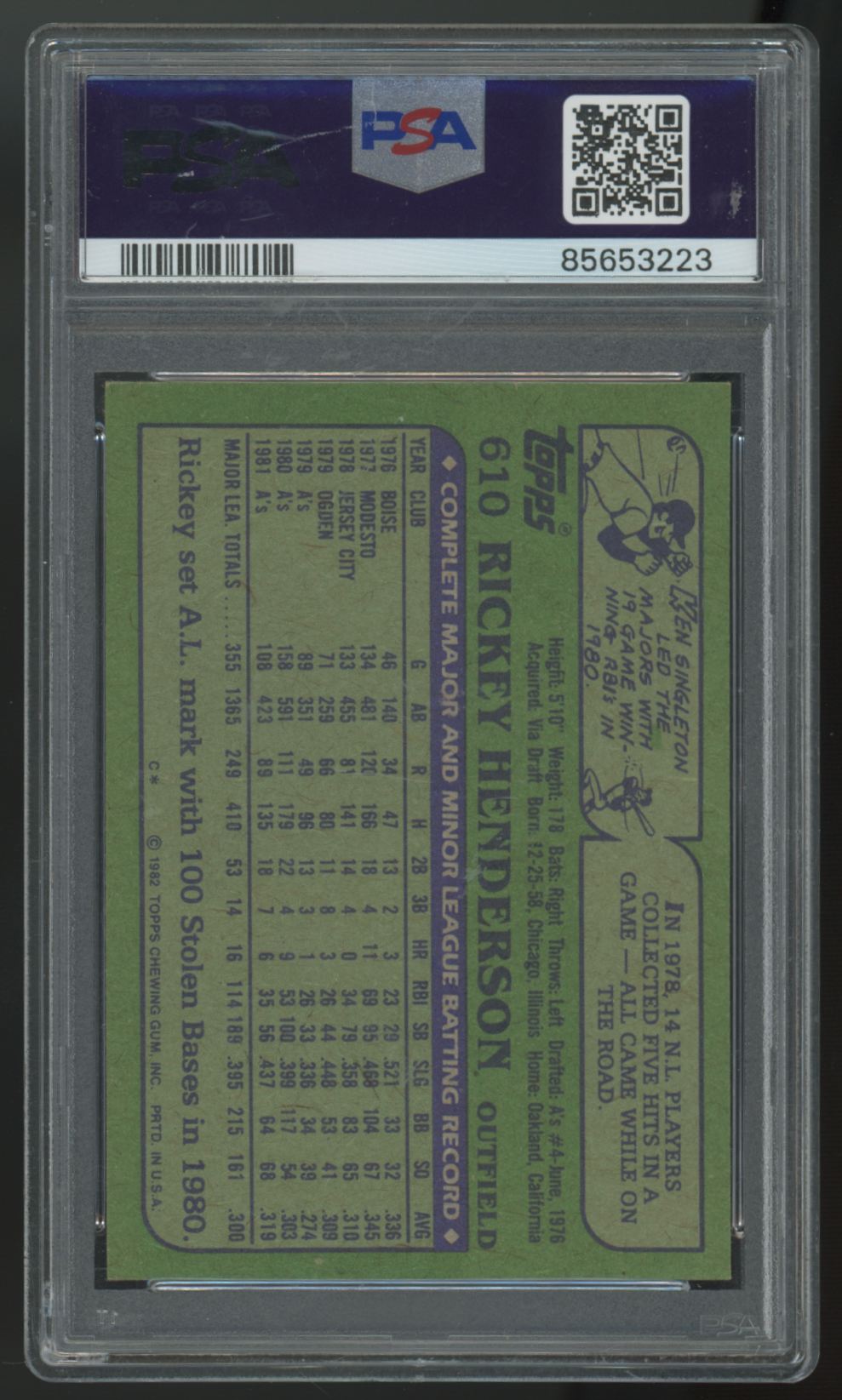 1982 Topps Rickey Henderson #610 PSA 8