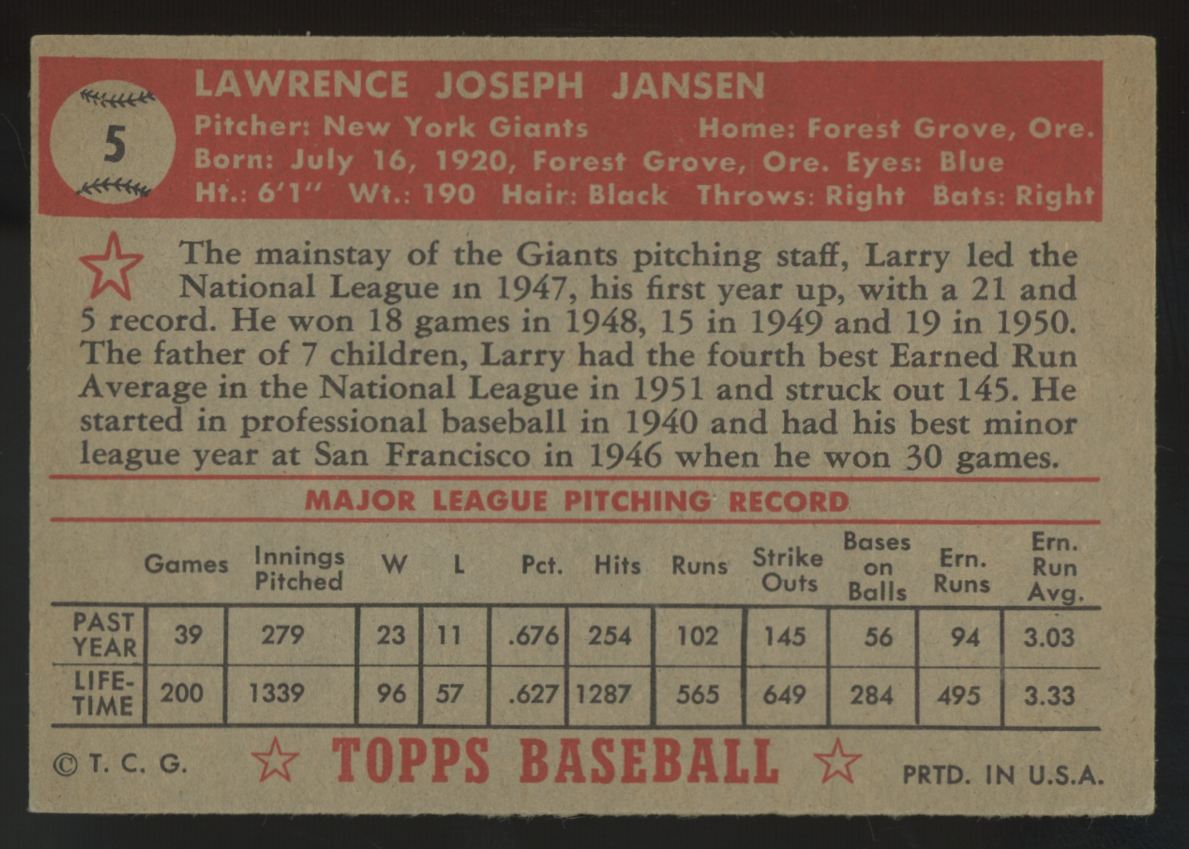 1952 Topps Larry Jansen #5 VG