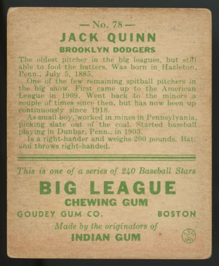 1933 Goudey Jack Quinn #78 VG