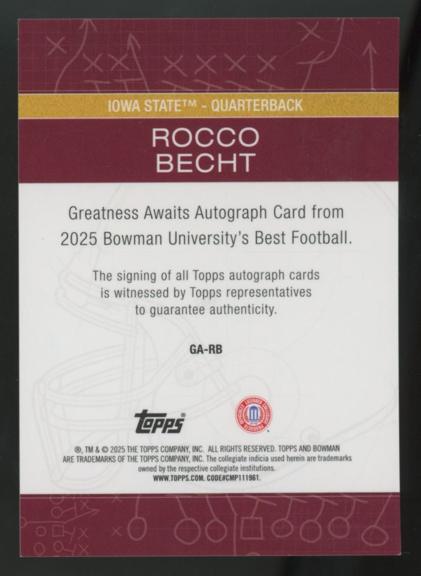 2025 Bowman's Best U Rocco Becht Greatness Awaits Orange Auto /25 #GA-RB