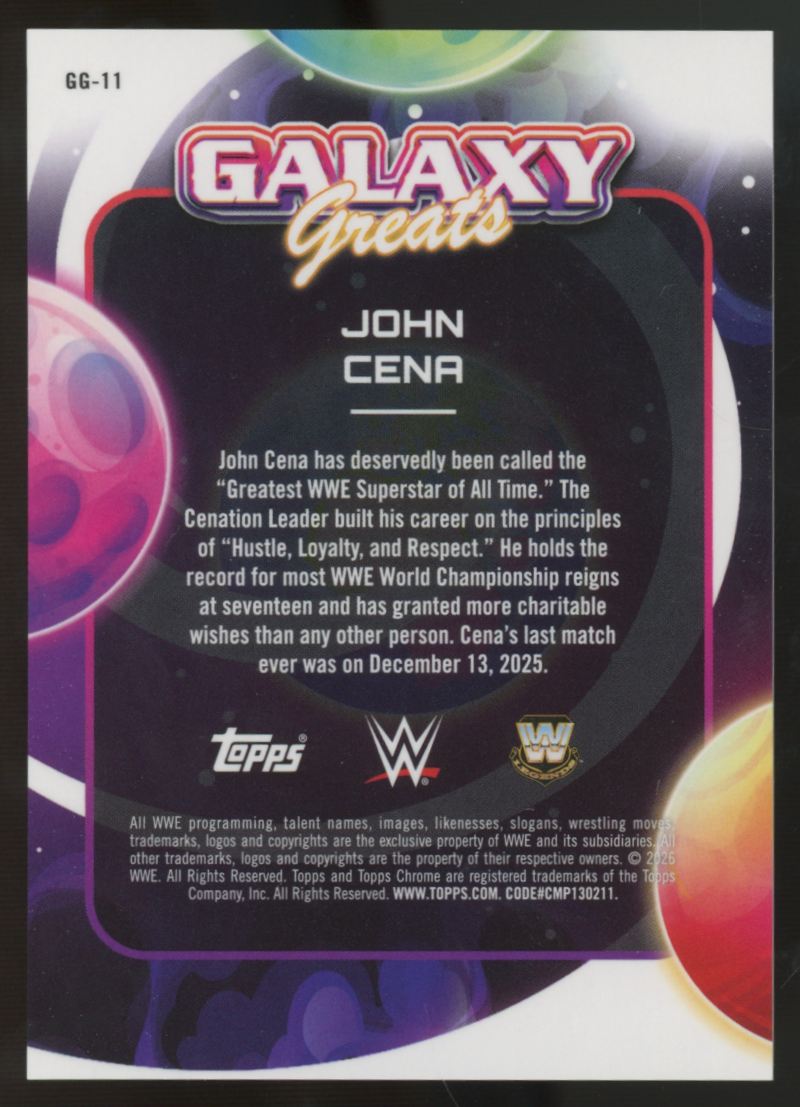 2026 Topps Chrome Cosmic WWE John Cena Greats Black Eclipse Refractor /10 #GG-11