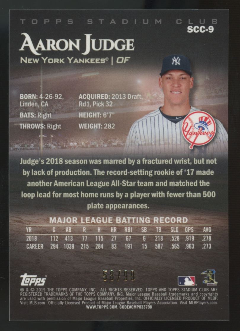 2019 Topps Stadium Club Chrome Aaron Judge Orange Refractor /99 #SCC-9