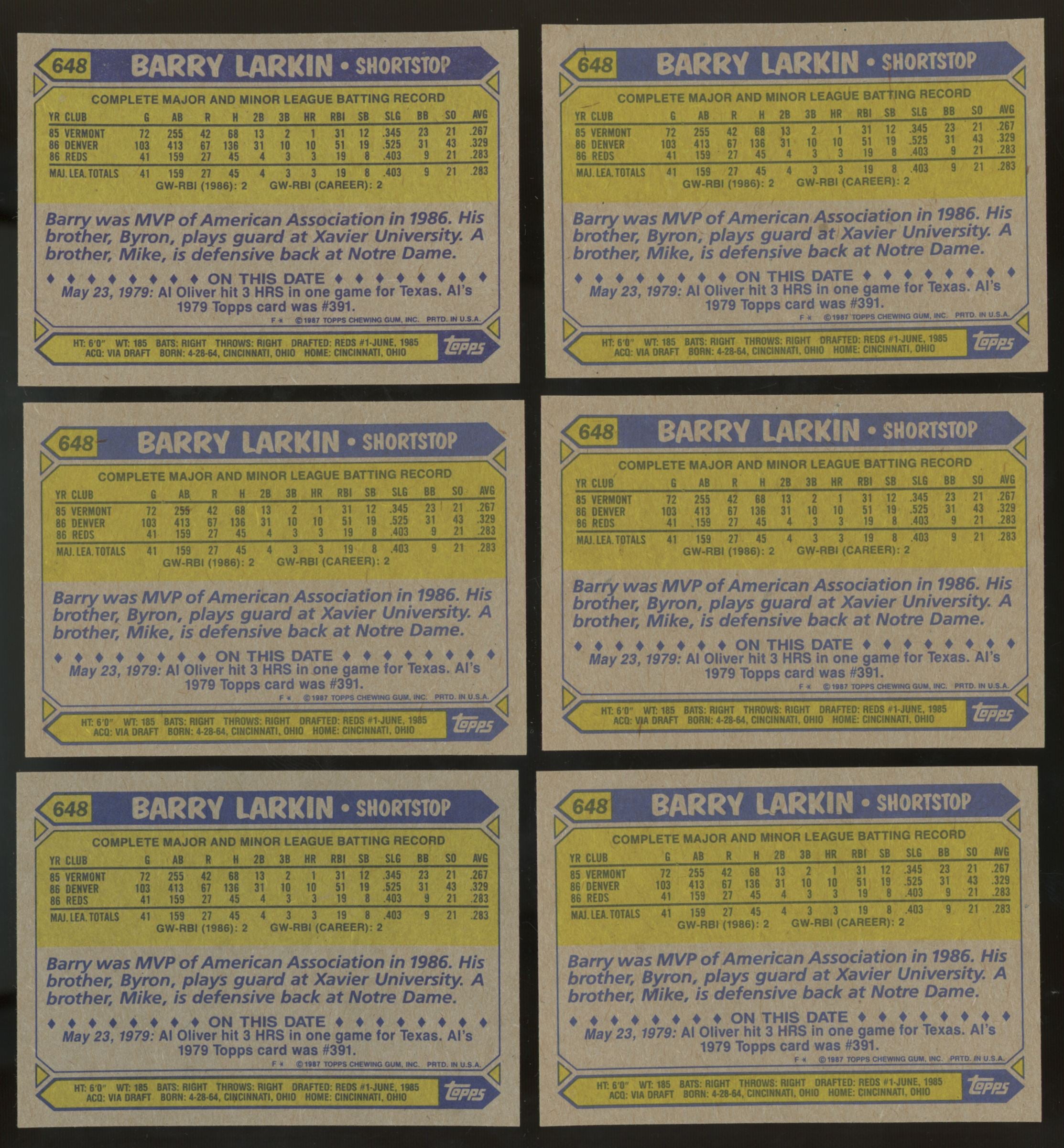 1987 Topps Barry Larkin RC #648 (Lot of 50)