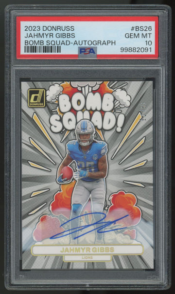 2023 Panini Donruss Jahmyr Gibbs RC Bomb Squad Auto /75 #BS-26 PSA 10