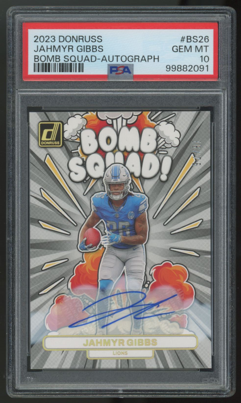 2023 Panini Donruss Jahmyr Gibbs RC Bomb Squad Auto /75 #BS-26 PSA 10