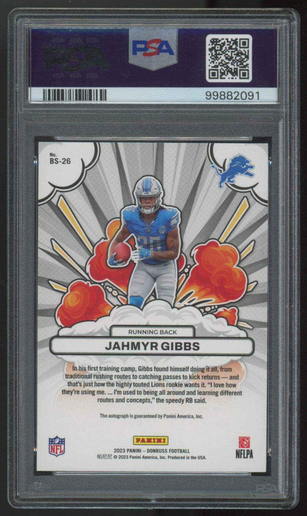 2023 Panini Donruss Jahmyr Gibbs RC Bomb Squad Auto /75 #BS-26 PSA 10