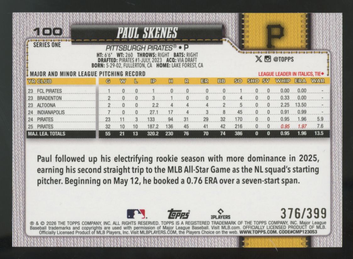 2026 Topps Series One Paul Skenes Yellow Rainbow Foil /399 #100