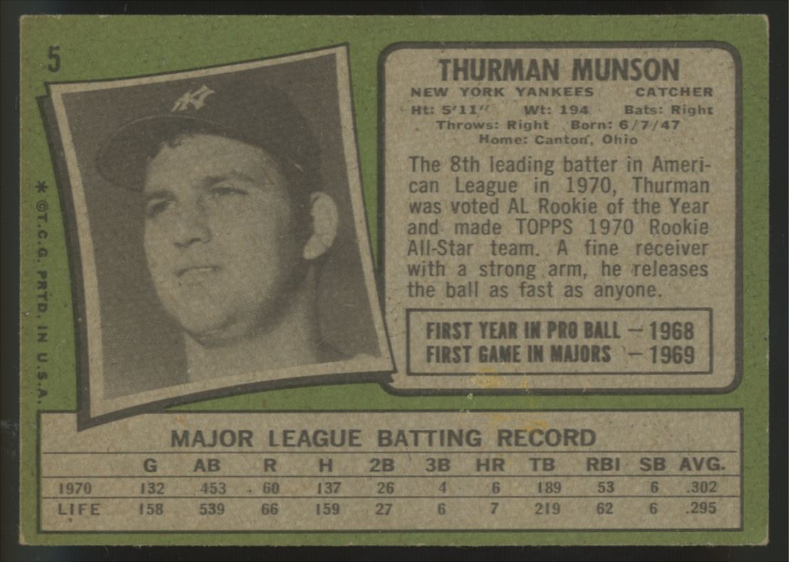 1971 Topps Thurman Munson #5 VG/EX "B"