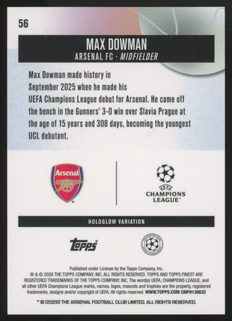 2025-26 Topps Finest UEFA Club Max Dowman RC Hologlow Variation SSP #56