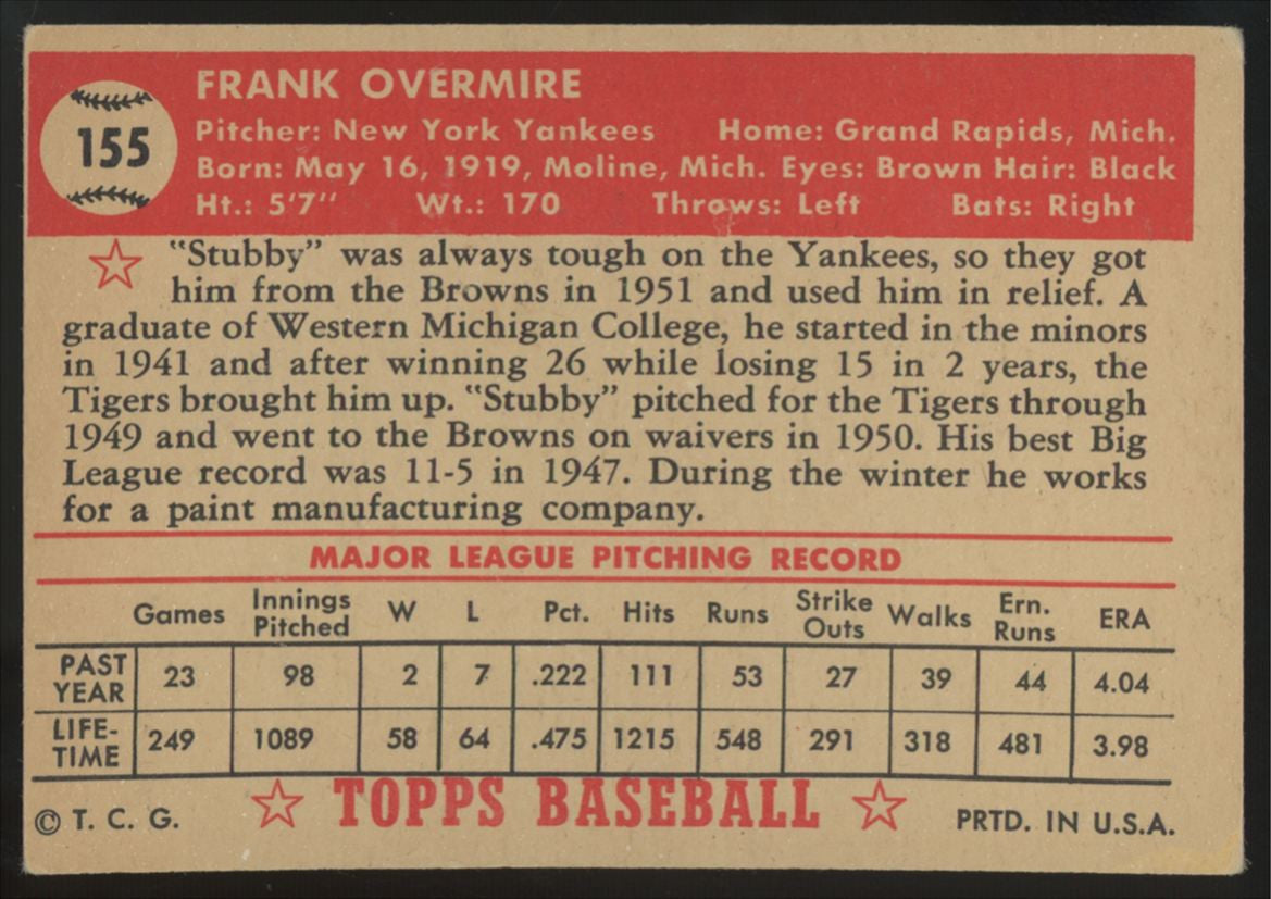 1952 Topps Frank Overmire #155 VG/EX