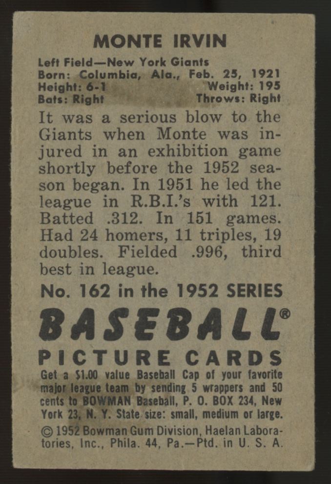 1952 Bowman Monte Irvin #162 EX "A"