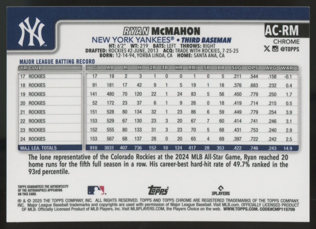2025 Topps Chrome Update Ryan McMahon Green Auto /99 #AC-RM