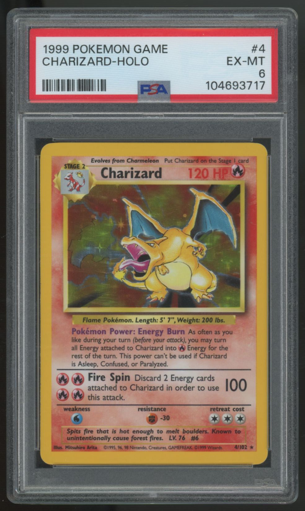 1999 Pokemon Charizard Base Set Unlimited Holo #4 PSA 6 *3717