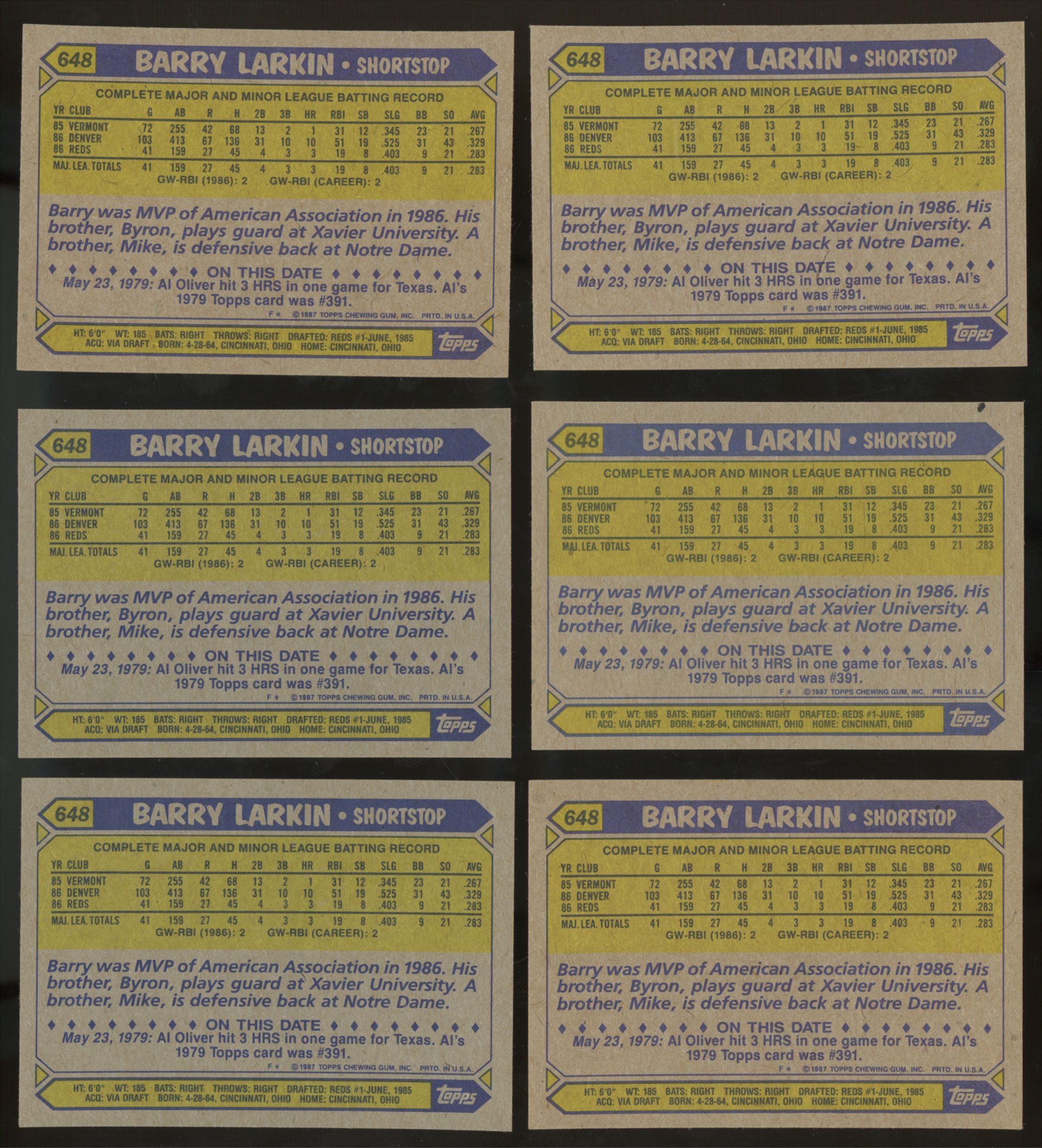 1987 Topps Barry Larkin RC #648 (Lot of 50)