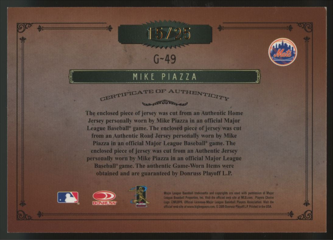 2005 Donruss Baseball Mike Piazza Gamers Home & Road Triple Patch /25 #G-49