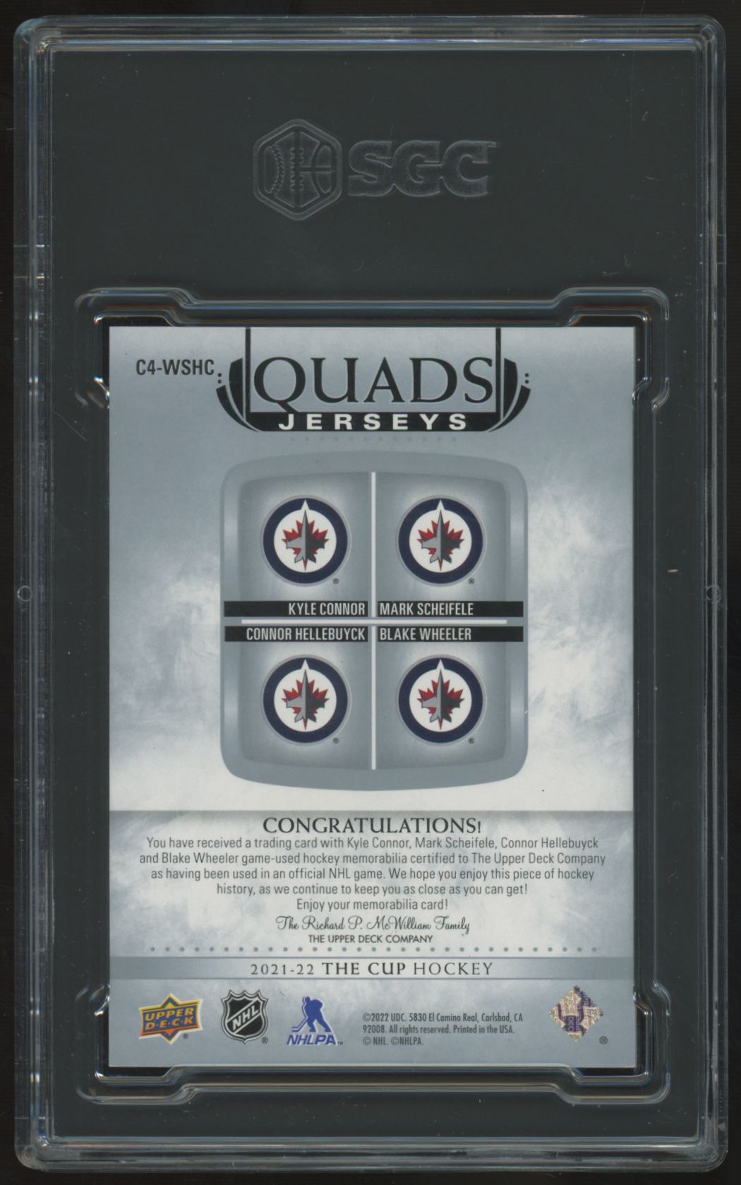2021-22 UD The Cup Connor/Scheifele/Wheeler/Hellebuyck Quad Patch /25 SGC 9.5