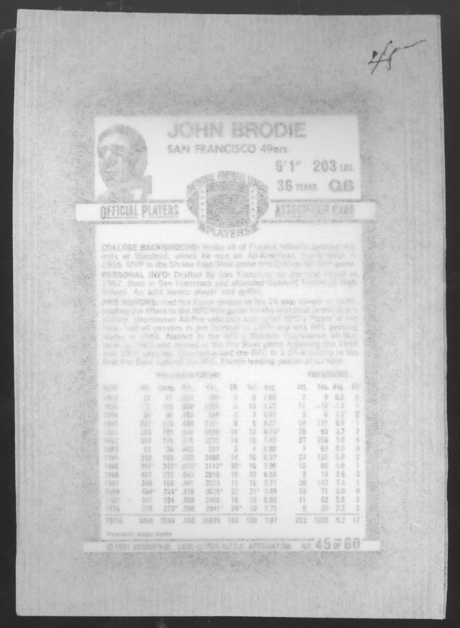 1971 Kellogg's Football John Brodie #45 Sealed Pack
